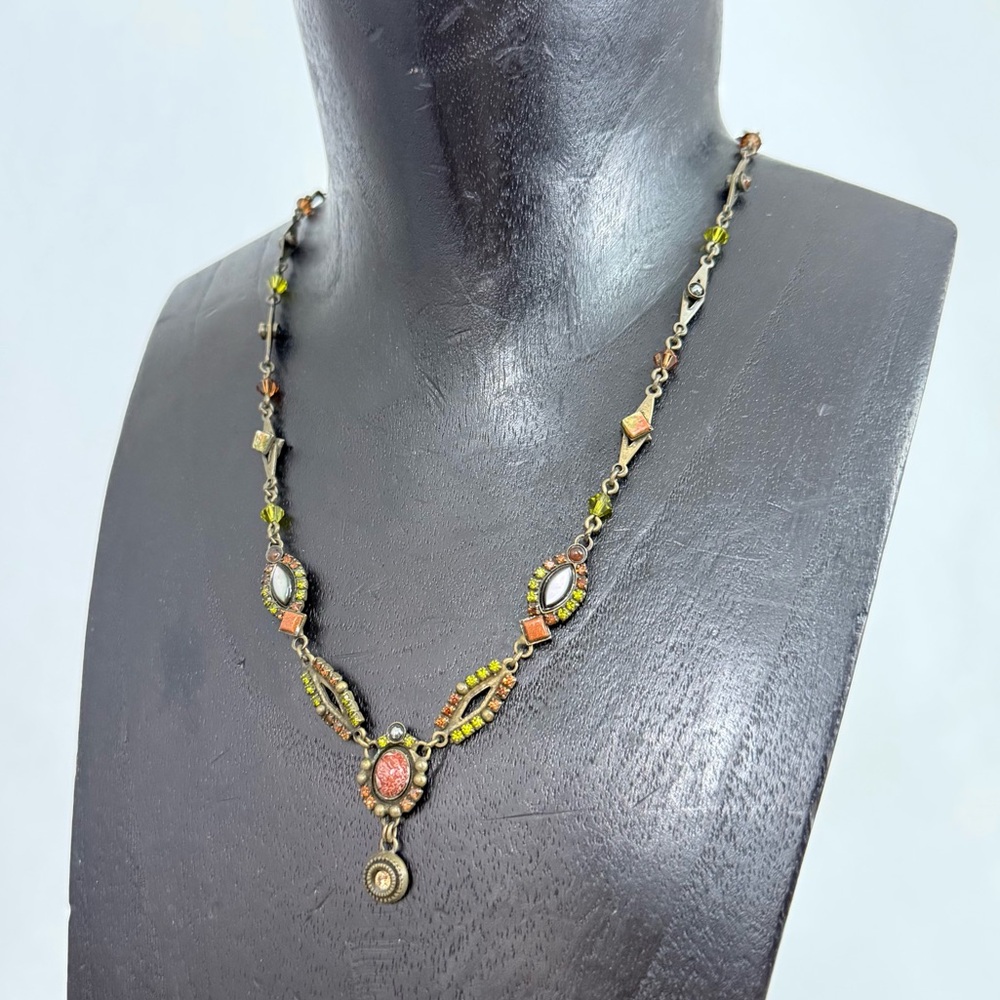 Vintage Sorrelli Necklace Swarovski Rhinestones Peridot in Diamond Bar Chain 19”